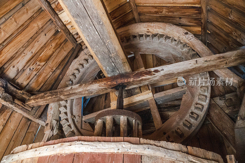 Close-up of the interior of an old wooden windmill on the island of Öland (Sweden)